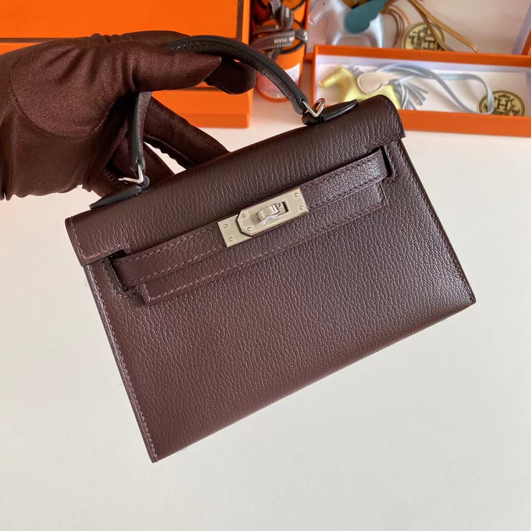Hermes Women Mini Kelly 20 Bag Suede Leather Silver Hardware-Chocolate