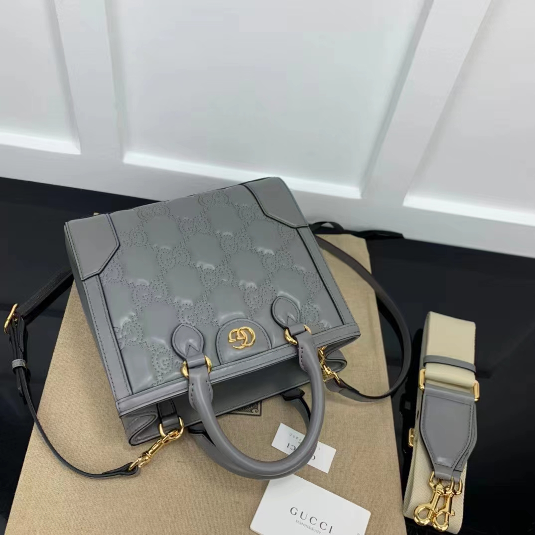Gucci Women GG Matelassé Mini Top Handle Bag Dusty Grey Leather Double G