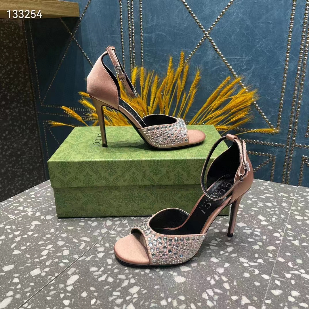 Gucci Women GG Mid-Heel Sandals Crystals Silver Satin 8 CM Heel Double G