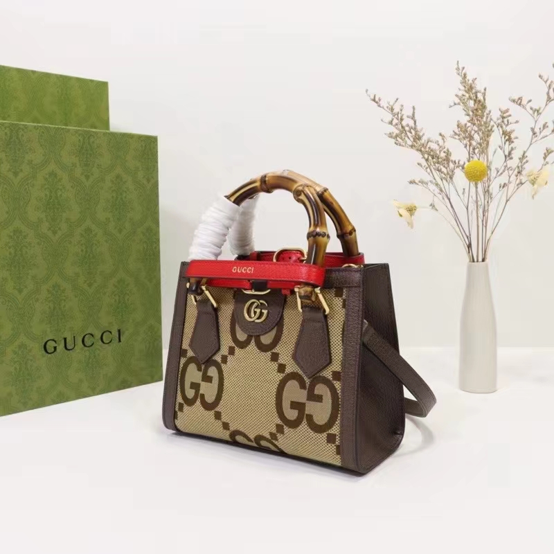 Gucci Unisex Diana Jumbo GG Mini Tote Bag Red Camel Ebony Canvas