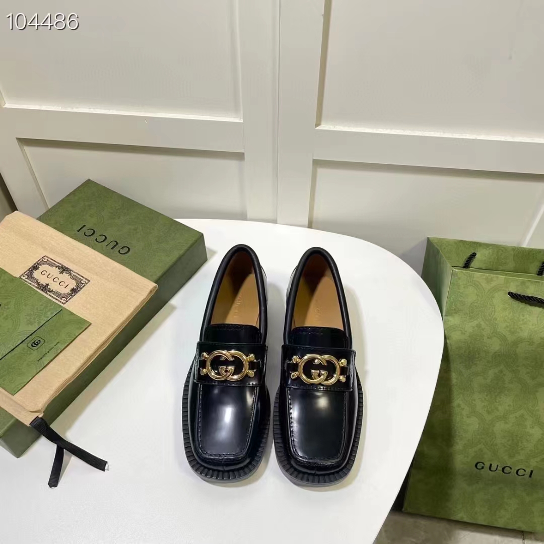 Gucci Women GG Loafer Interlocking G Shiny Black Leather Low 2.5 Cm Heel