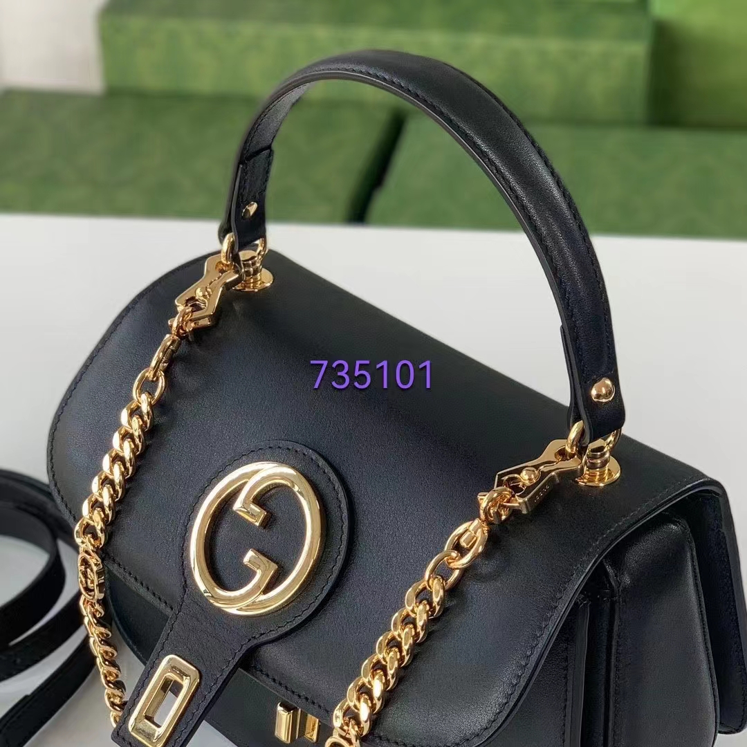 Gucci Women GG Blondie Small Top Handle Bag Black Leather Round Interlocking G