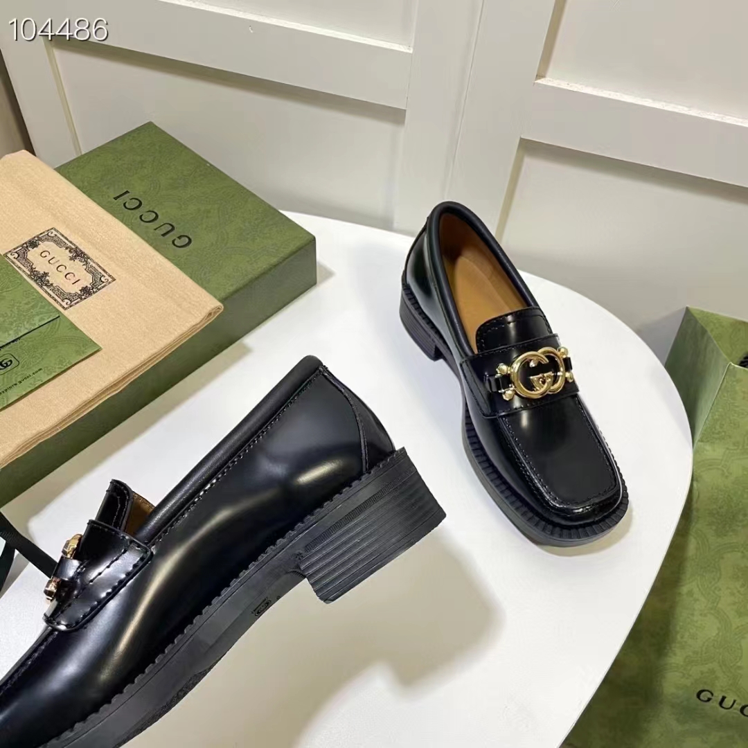 Gucci Women GG Loafer Interlocking G Shiny Black Leather Low 2.5 Cm Heel