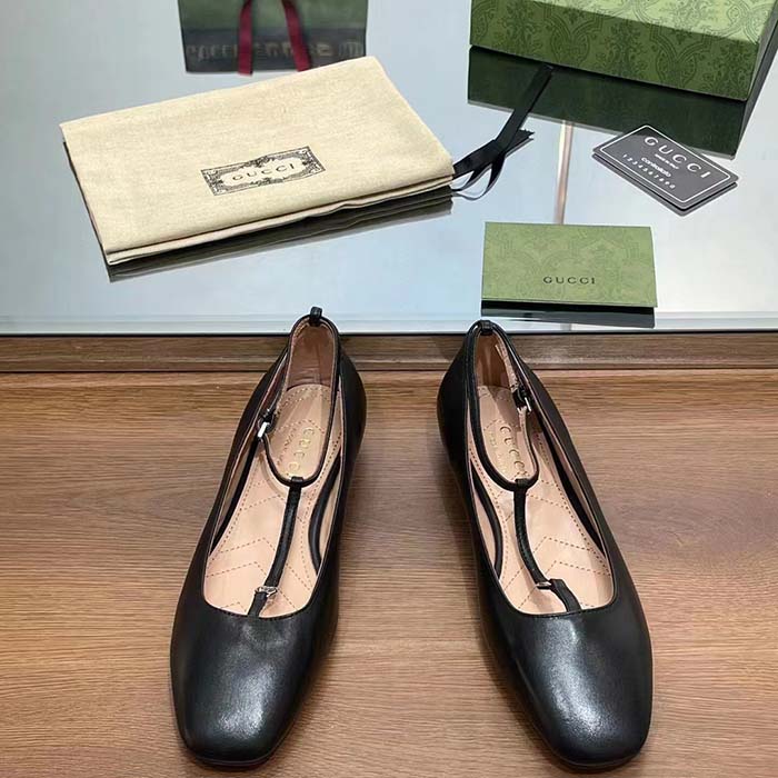 Gucci Women GG Ballet Flat Double G Black Leather Sole Flat 1 Cm Heel