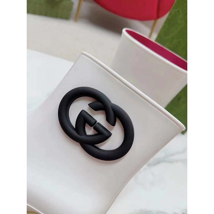 Gucci Women Interlocking G Ankle Boot White Shiny Rubber Matte Point Toe Low-Heel