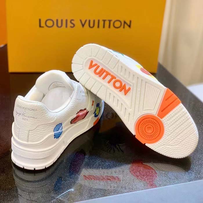 Louis Vuitton Unisex LV x YK LV Trainer Sneaker White Printed Grained Calf Leather Monogram Flowers