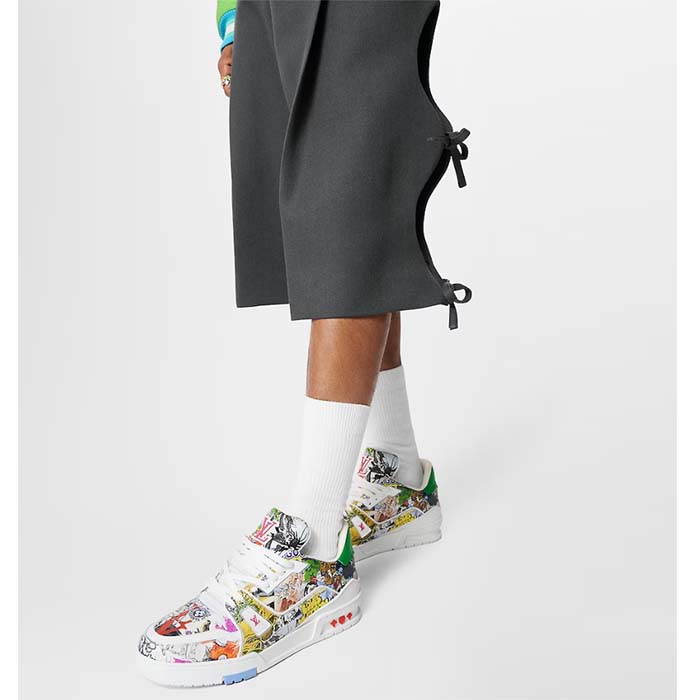 Louis Vuitton Unisex LV Trainer Sneaker White Printed Canvas Rubber Outsole Initials
