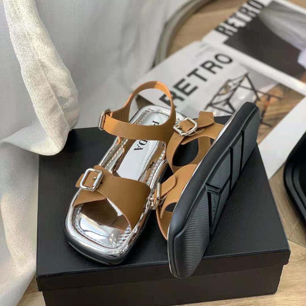 Prada Women Flat Rectangular Leather Sandals-Brown