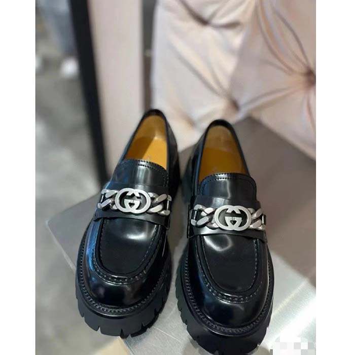 Gucci Women Lug Sole Loafer Black Leather Interlocking G Chain Rubber Flat