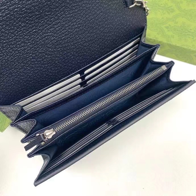 Gucci Women Dionysus GG Mini Chain Wallet Beige Blue GG Supreme Canvas Leather