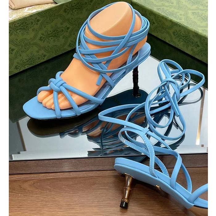 Gucci Women GG Strappy Sandal Bamboo Pastel Blue Leather Bamboo Low Heel