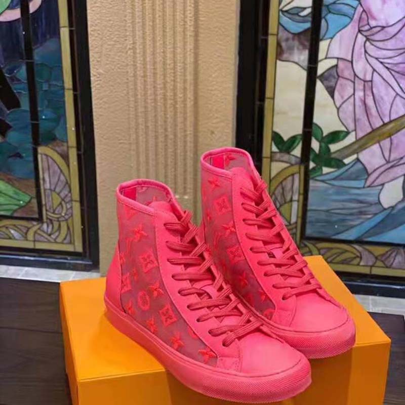 Louis Vuitton LV Unisex Tattoo Sneaker Boot in Damier Tartan Canvas with Monogram Embroidery-Pink