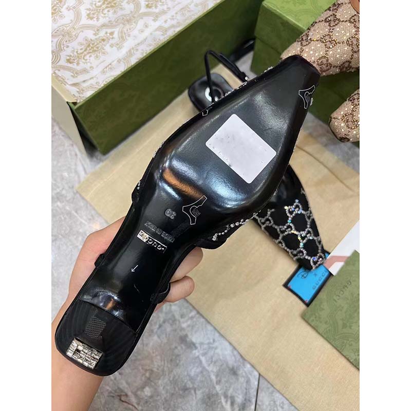 Gucci Women GG Slingback Pump Black Mesh GG Crystals Low 4 cm Heel