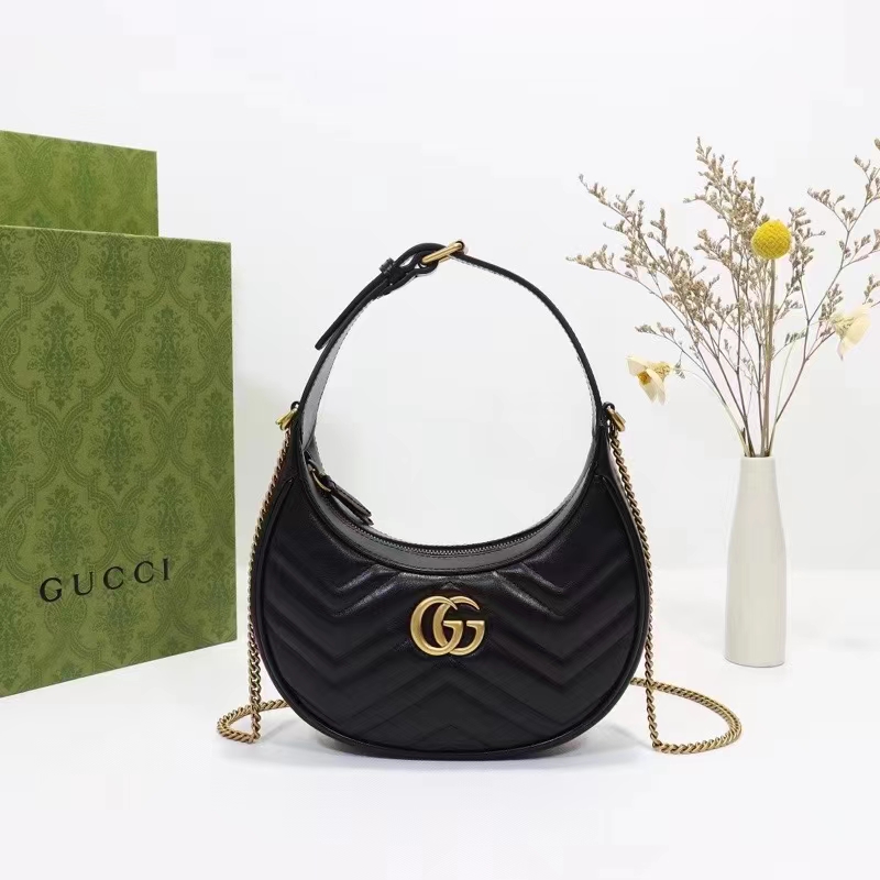 Gucci Women GG Marmont Half-Moon-Shaped Mini Bag Black Matelassé Chevron