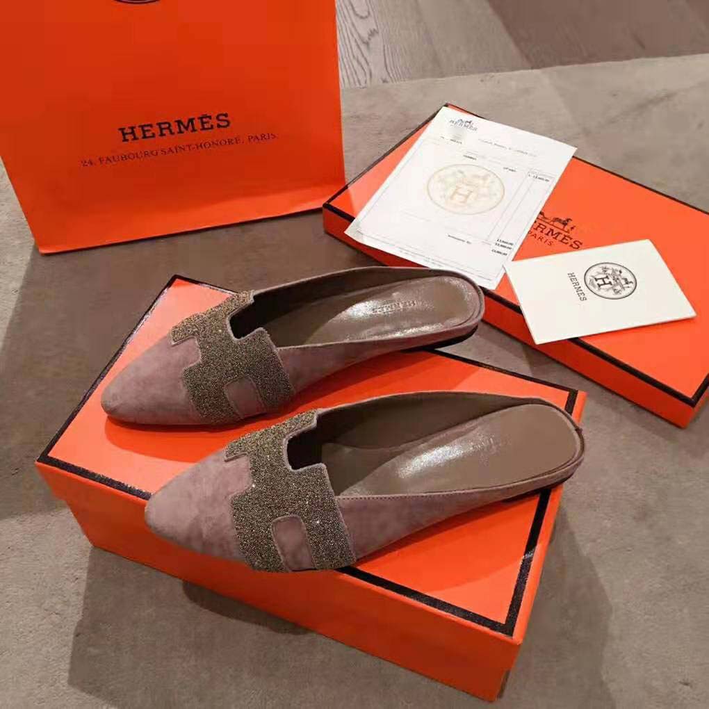 Hermes Women Roxane Mule in Suede Goatskin with Crystal-Rose