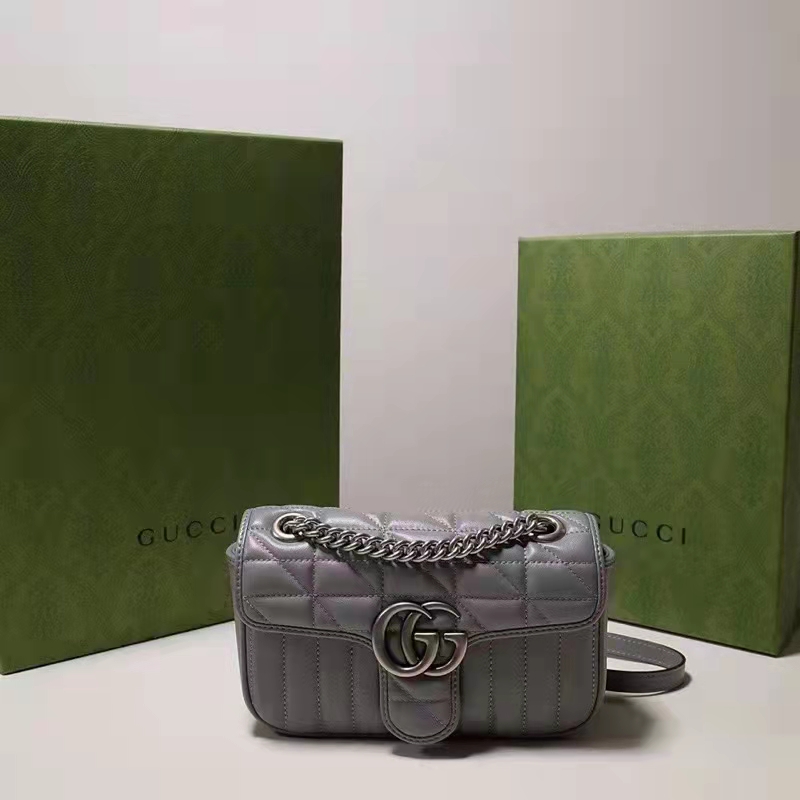 Gucci Women GG Marmont Small Shoulder Bag Grey Matelassé Leather Double G