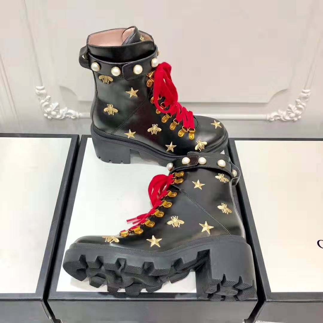 Gucci Women Gucci Leather Embroidered Ankle Boot in Black Leather 8.9 cm-Red