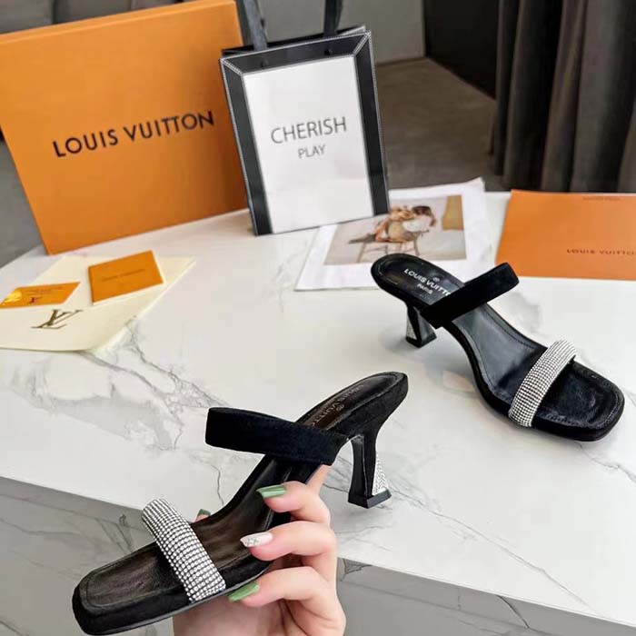 Louis Vuitton LV Women Sparkle Sandal Black Satin Strass Leather 9.5 Cm Heel