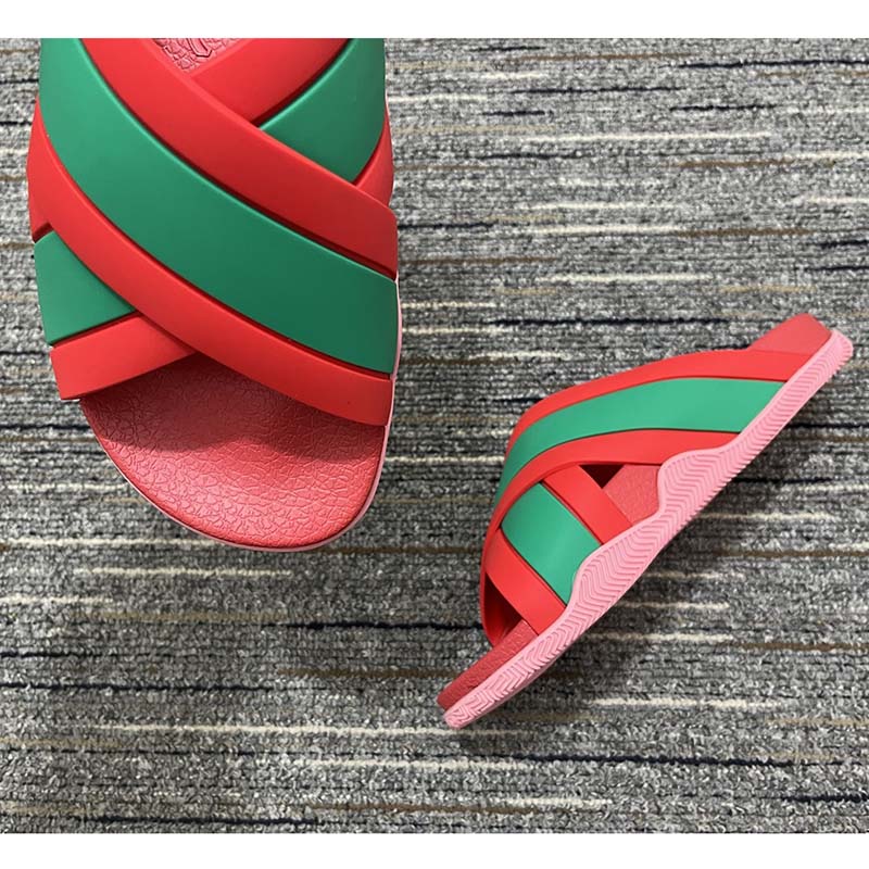 Gucci Women Web Slide Sandal Green Red Rubber Web Straps Rubber Sole Flat