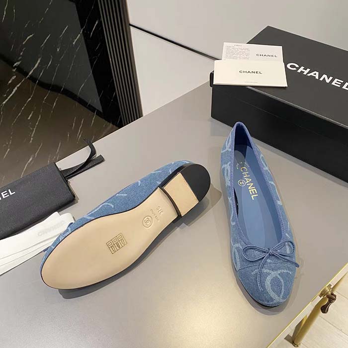 Chanel Women CC Ballet Flats Printed Denim Light Blue White