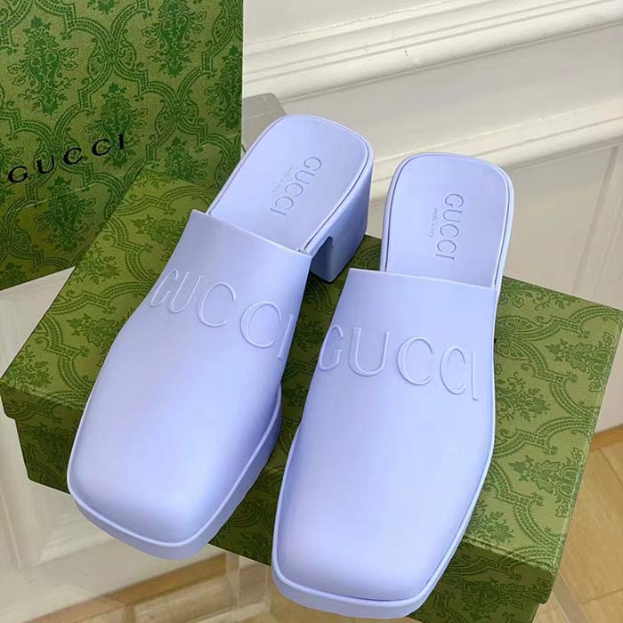 Gucci Women GG Slip-On Sandal Pastel Blue Rubber Embossed Logo Square Toe Chevron