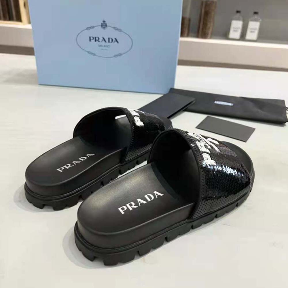 Prada Women Sequin Slides with Rubber Lug Sole are Covered All Over with Embroidered Sequins