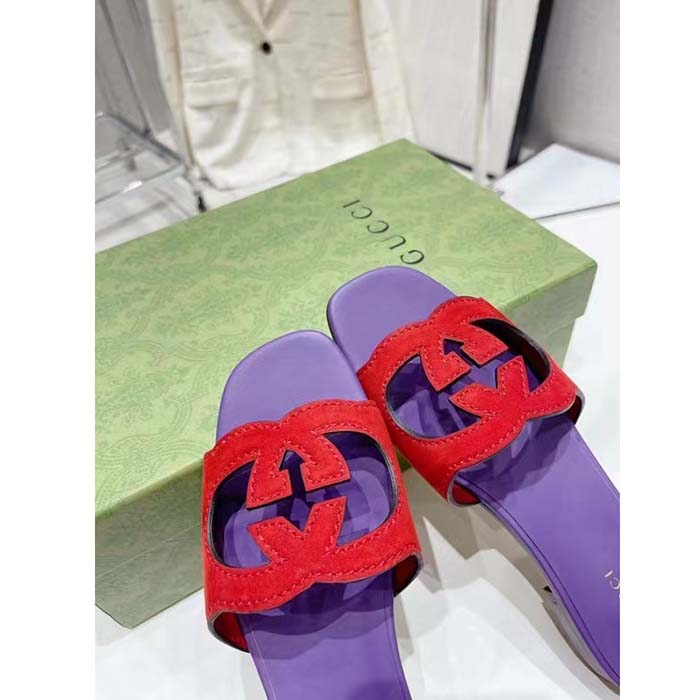 Gucci Unisex Interlocking G Cut-Out Slide Sandal Red Purple Suede Flat