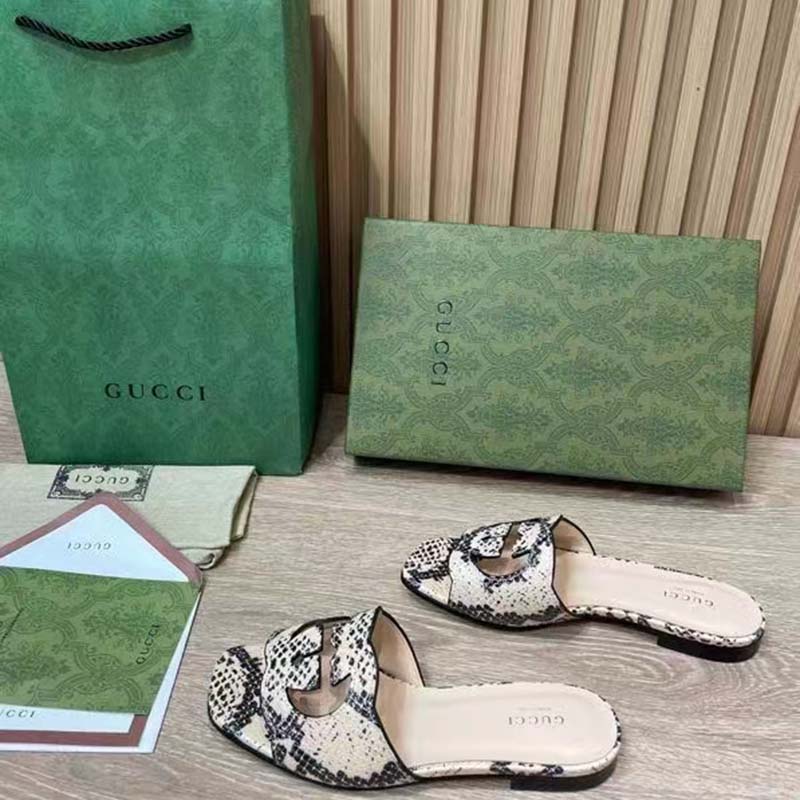 Gucci Women Interlocking G Cut Out Slide Sandal Beige Black Python Print Leather Flat