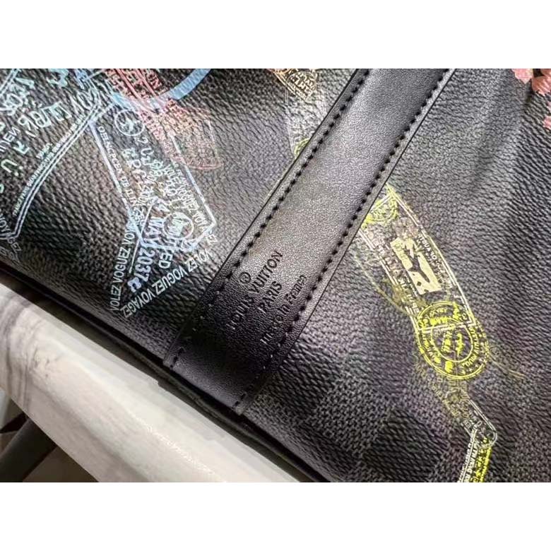 Louis Vuitton LV Unisex Keepall 50B Damier Graphite Stamps Coated Canvas
