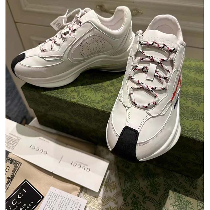 Gucci Unisex GG Run Sneaker White Leather Blue Mid Heel Red Interlocking G 6 Cm Heel