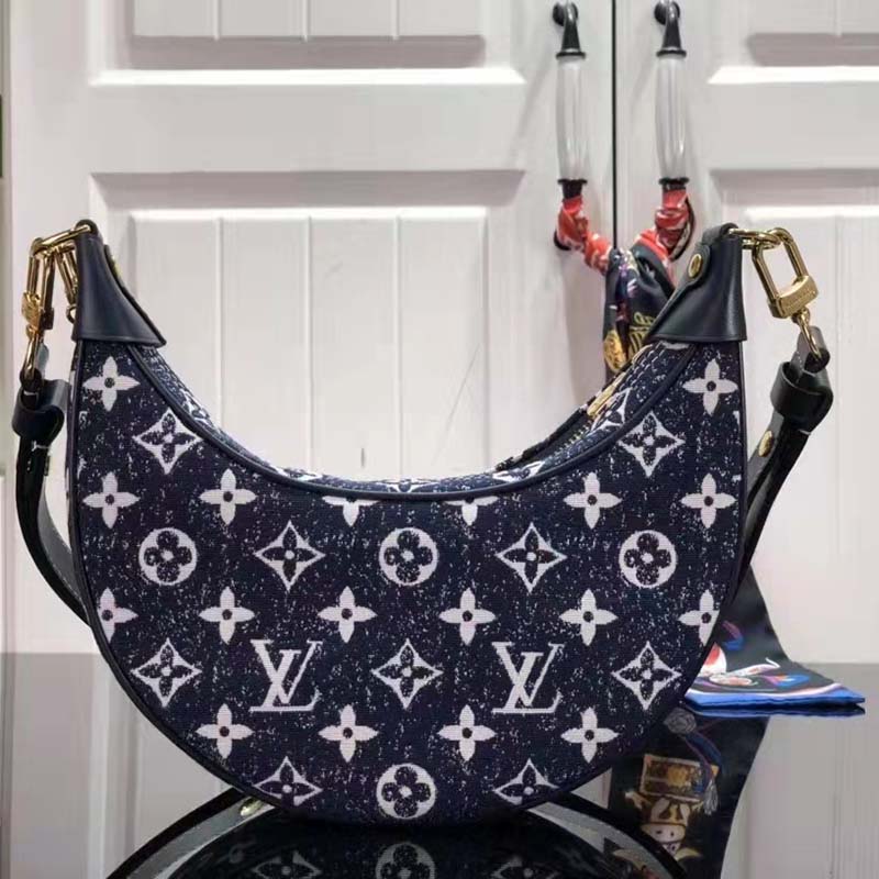 Louis Vuitton LV Women Half-Moon Loop Baguette Handbag Navy Blue Denim Jacquard