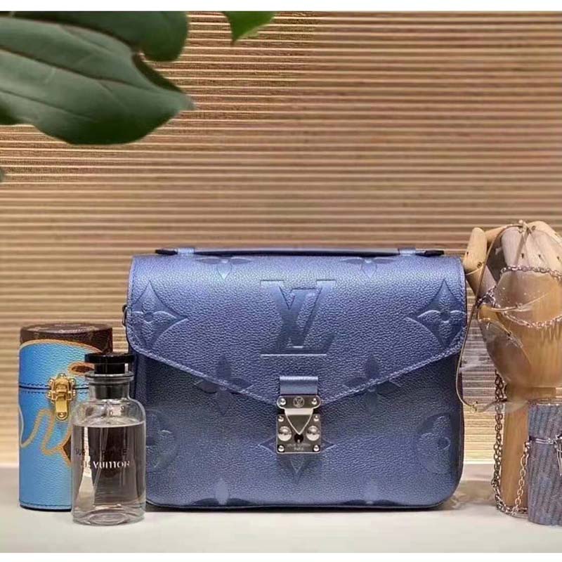 Louis Vuitton LV Women Pochette Metis Bag Navy Nacre Embossed Grained Cowhide Leather