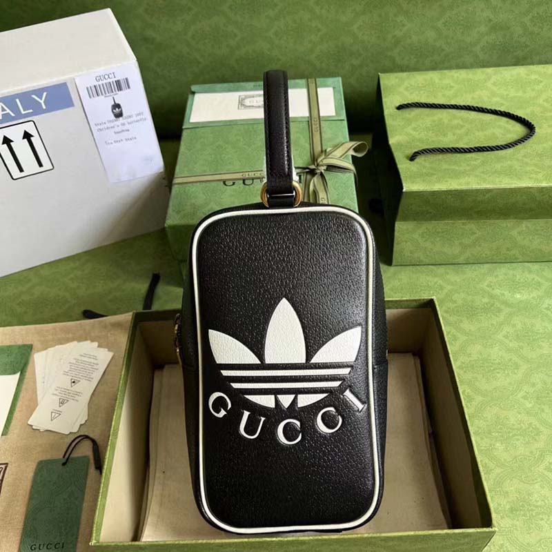 Gucci Unisex Adidas x Gucci Mini Top Handle Bag Black Leather GG Trefoil Print