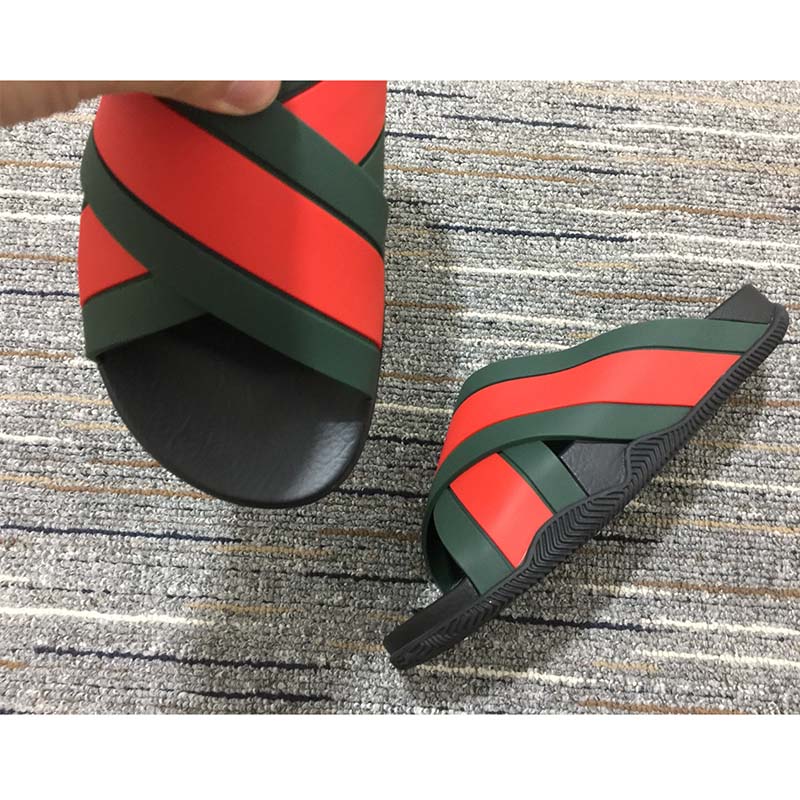 Gucci Unisex Web Slide Sandal Green Red Rubber Web Rubber Sole Low Heel