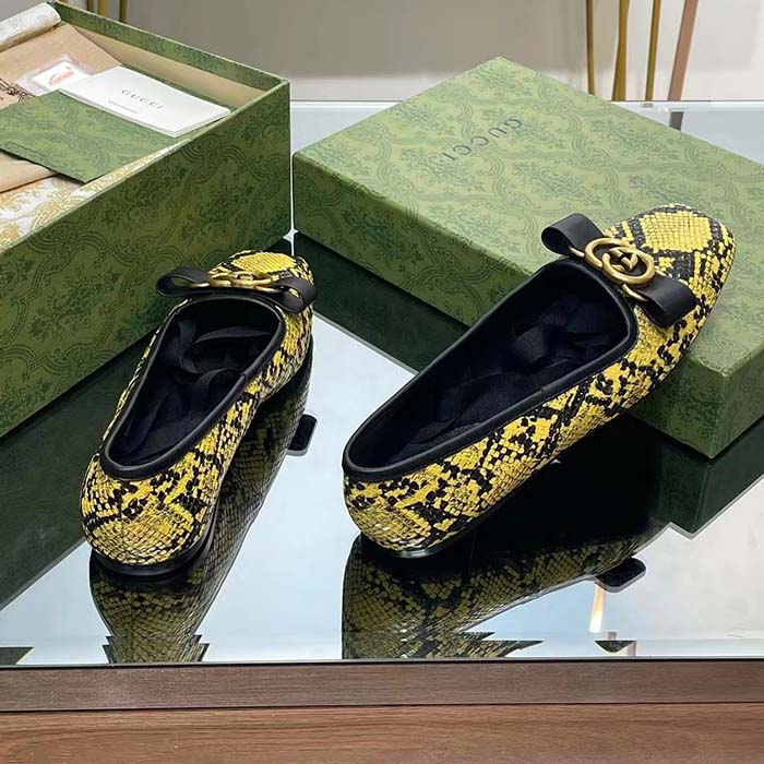 Gucci Women GG Python Ballet Flat Yellow Black Leather Interlocking G Black Leather Bow