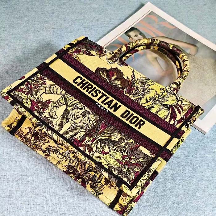 Dior Unisex CD Medium Book Tote Yellow Multicolor Toile De Jouy Voyage Embroidery