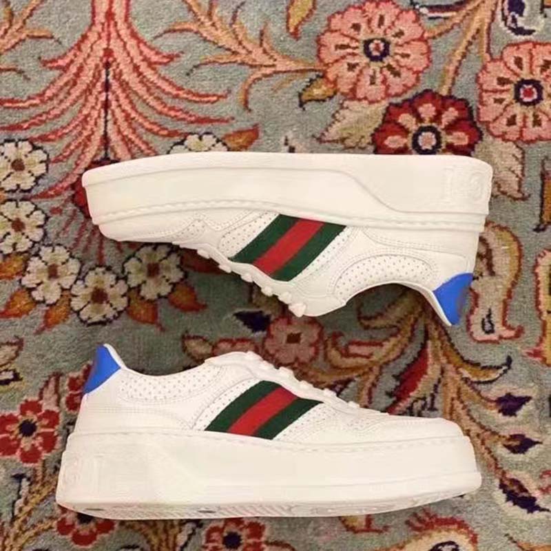 Gucci Unisex Sneaker Web White Leather Green Red Web Lace Up Flat