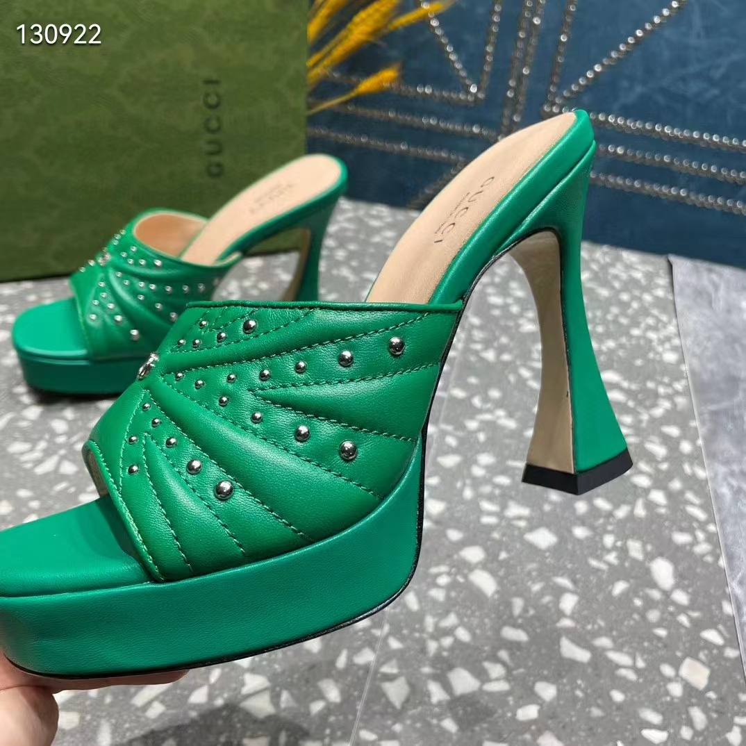 Gucci Women Heeled Slide Sandals Green Leather Studs Spool High 15 Cm Heel