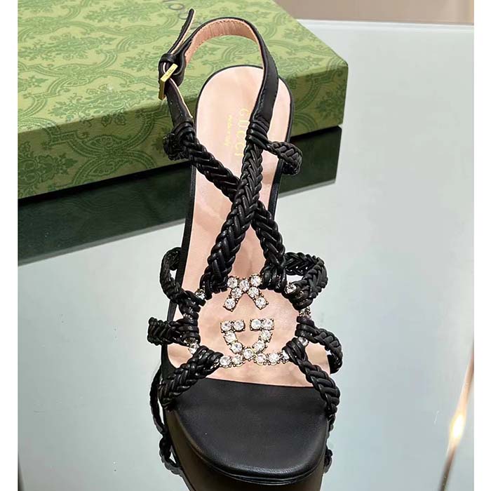 Gucci Women Crystal Interlocking G Sandal Black Braided Leather High 9 Cm Heel