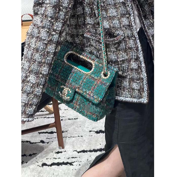 Chanel Women CC Large Flap Bag Top Handle Wool Silk Tweed Glass Wooden Pearls