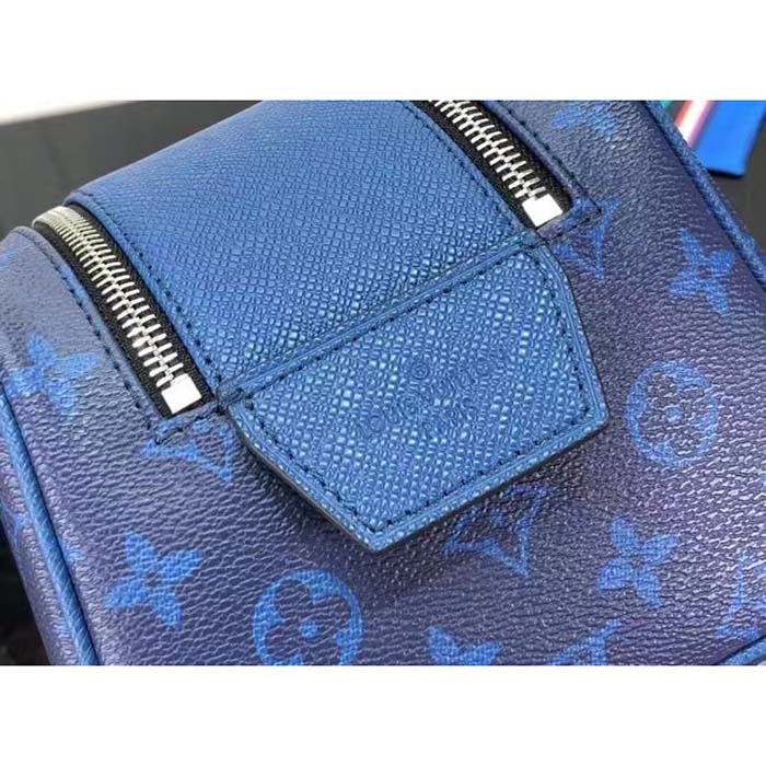Louis Vuitton LV Unisex Dopp Kit Toilet Pouch Blue Taiga Cowhide Leather Monogram Coated Canvas