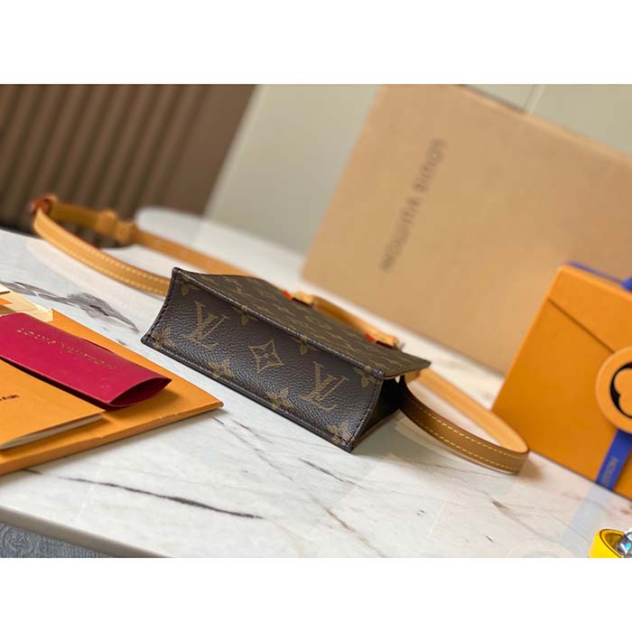 Louis Vuitton LV Unisex Petit Sac Plat Bag Monogram Coated Canvas Aged Natural Cowhide Leather