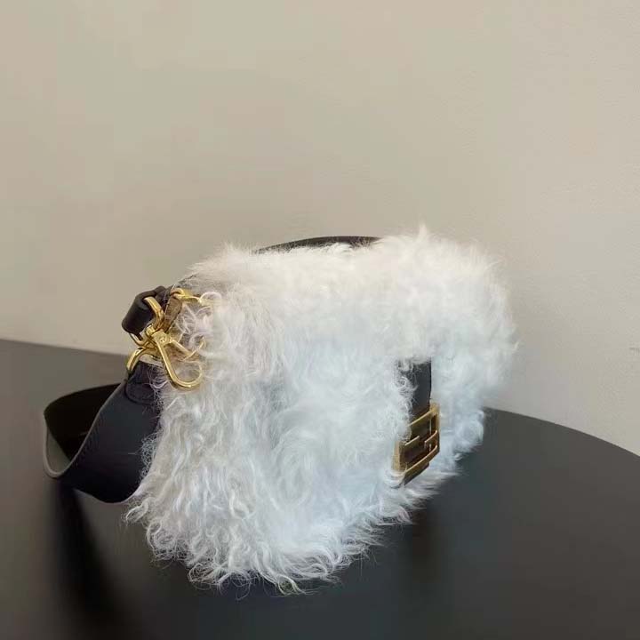 Fendi Women FF Baguette Brooch White Mohair Wool Bag