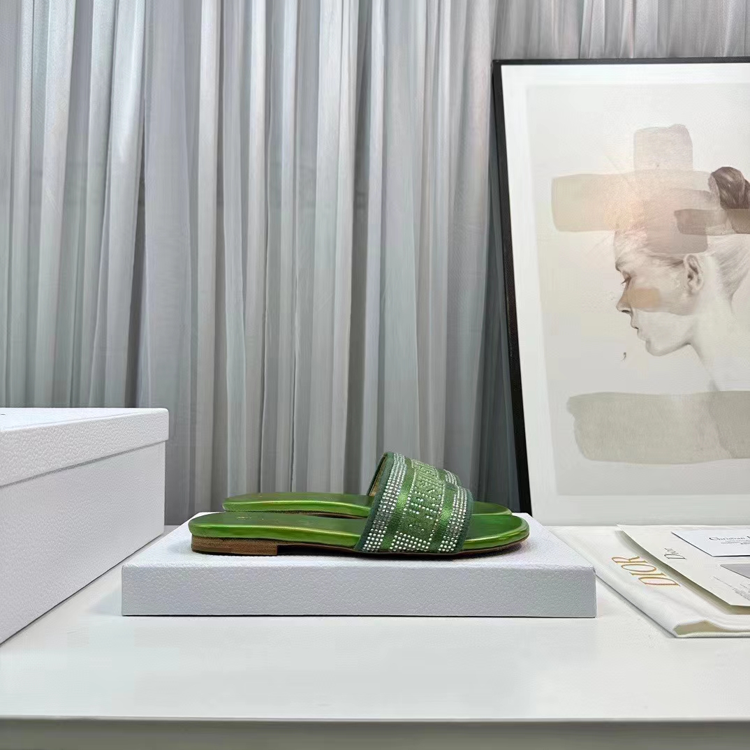 Dior Women CD Dway Slide Green Cotton Embroidered Metallic Thread Strass