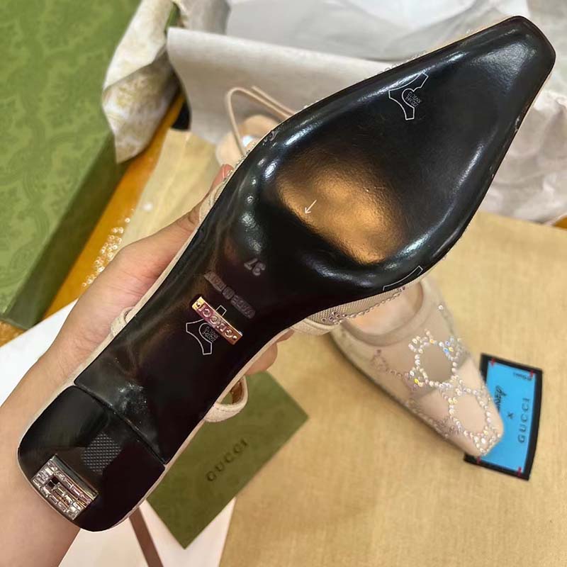 Gucci Women GG Slingback Pump Rose Beige Mesh Crystals Kitten 4 Cm Heel