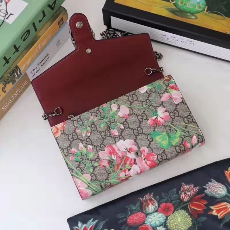 Gucci Women GG Dionysus Blooms Print Mini Chain Bag Beige Ebony Supreme Canvas
