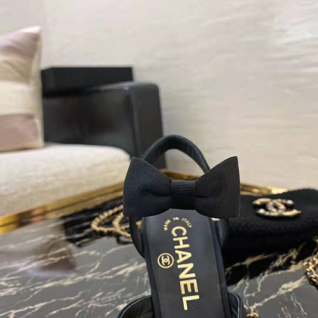 Chanel Women Pumps Grosgrain & Satin Black 10.5 cm Heel