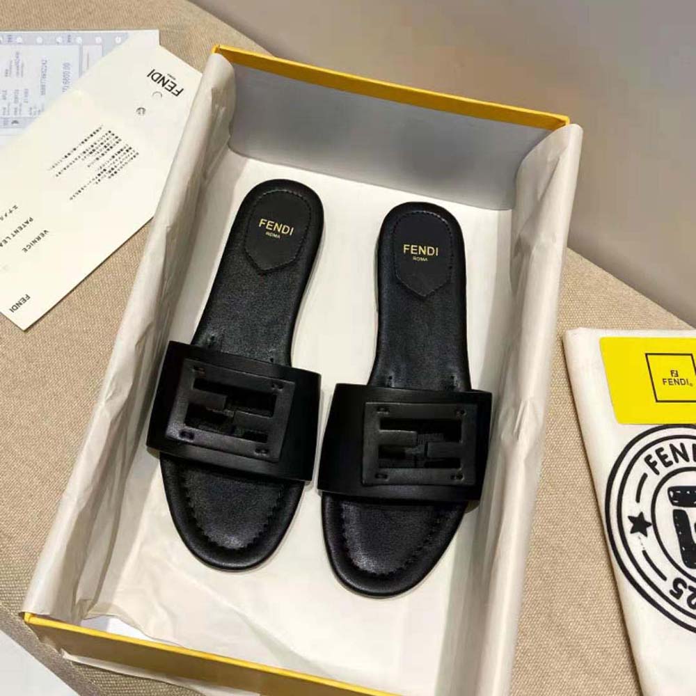 Fendi Women Signature Black Leather Slides in 0.4 inches Heel Height