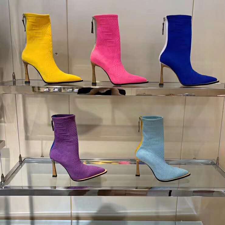 Fendi Women High-Tech Yellow Jacquard Ankle Boots FFrame Pointed-Toe