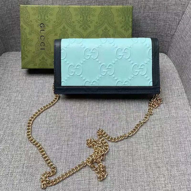 Gucci Women GG Wallet Chain Light Blue GG Leather Dark Blue Double G